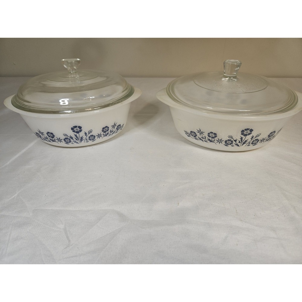 vintage Glasbake casserole dishes feature a blue floral pattern Lot Of 2